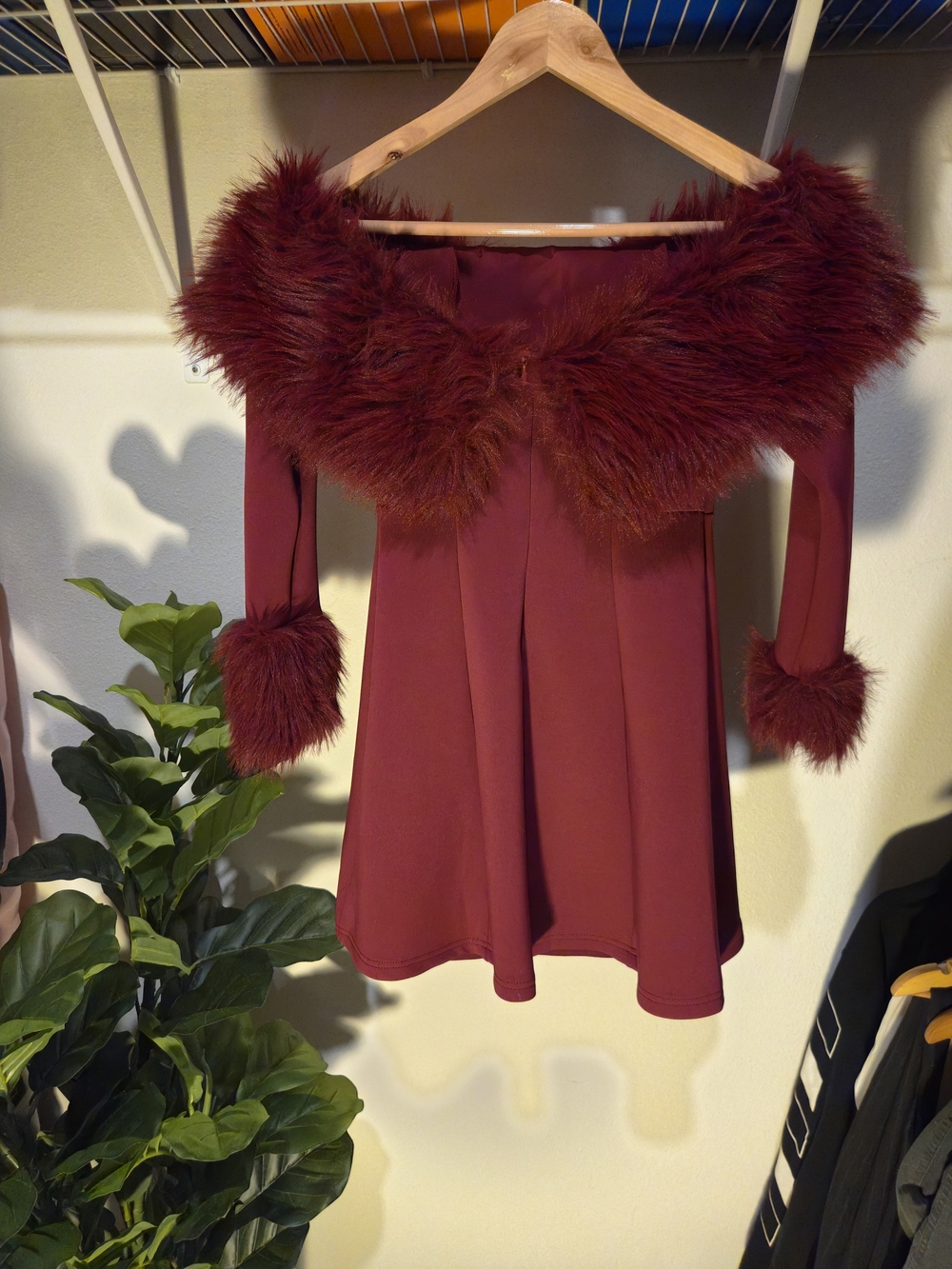 Burgundy Faux Fur Trim Off-Shoulder Dress